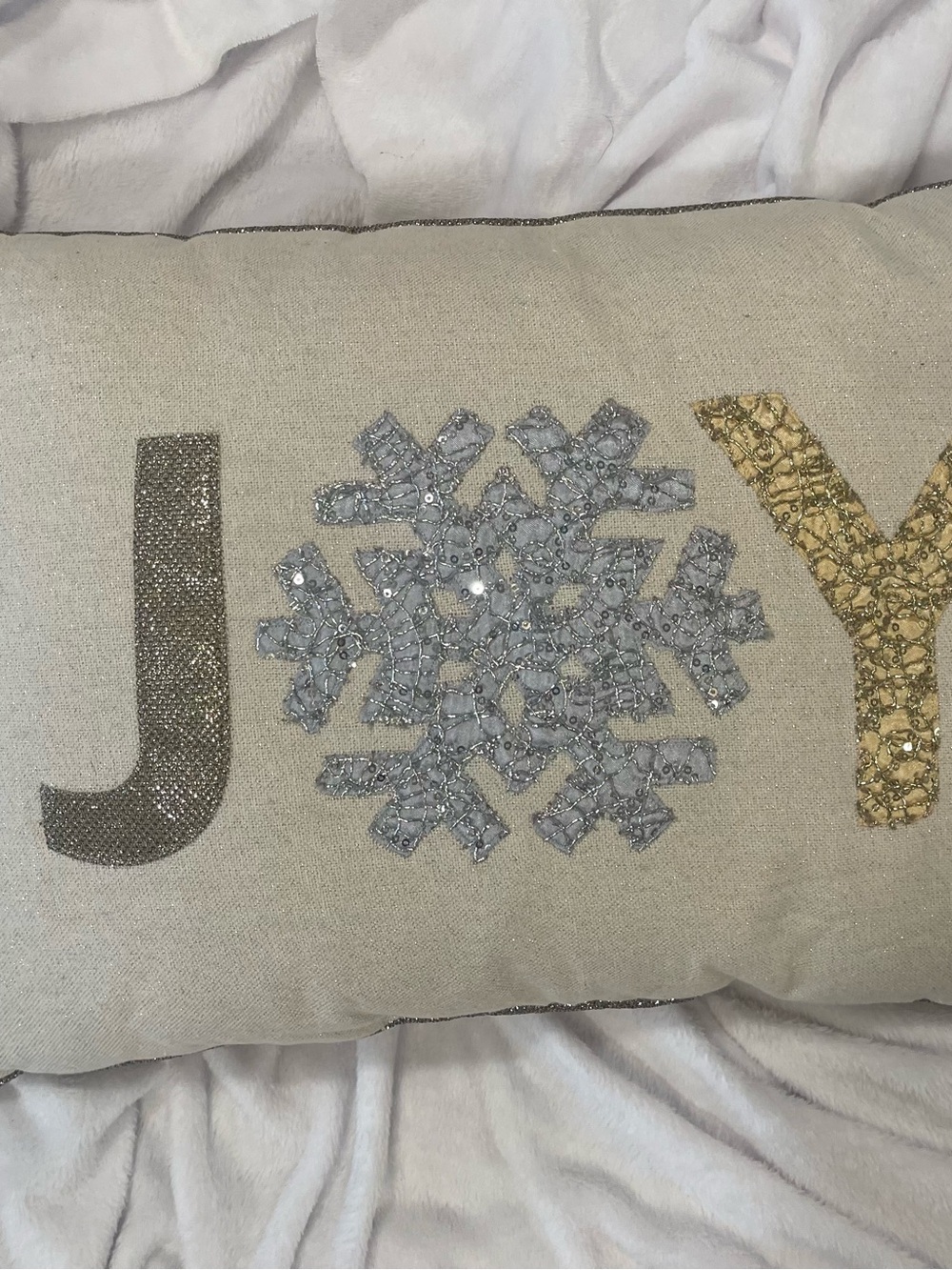 Joy Embellished Holiday Pillow - Cream with Silver and Gold Accents